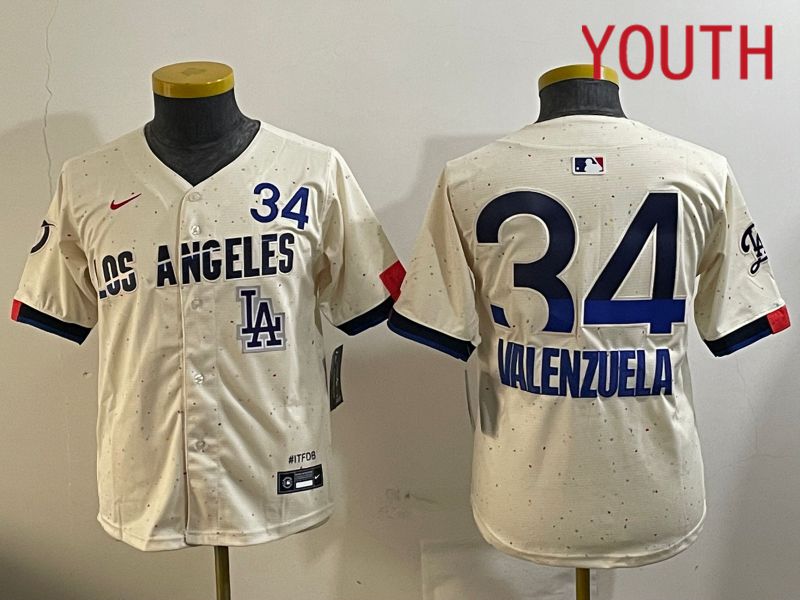 Youth Los Angeles Dodgers #34 Valenzuela Cream City Edition Nike 2024 MLB Jersey style 11201->youth mlb jersey->Youth Jersey